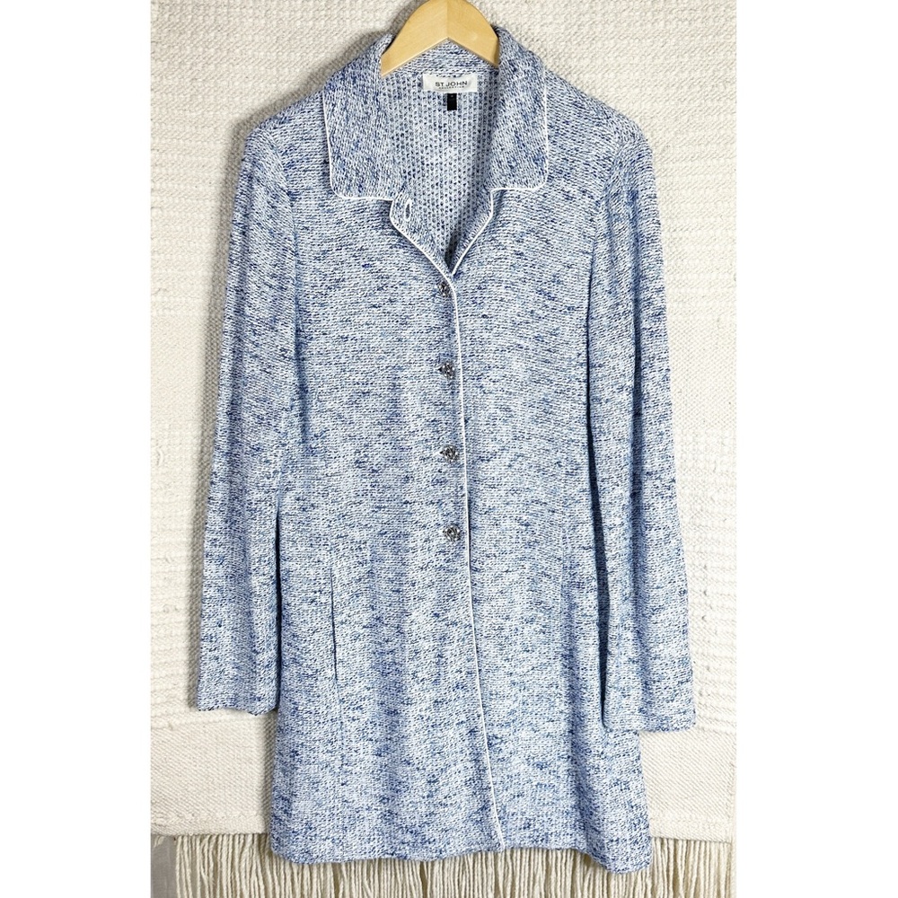ST. JOHN white and blue boucle button front longline cardigan jacket 12